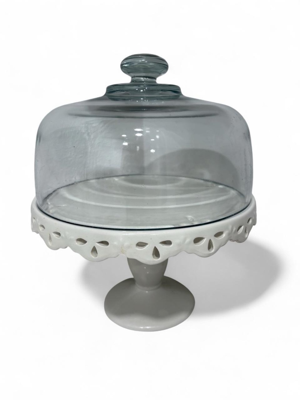 Vtg Designpac White Ceramic Cake Plate Stand Pierced Scalloped Rim Glass Cloche